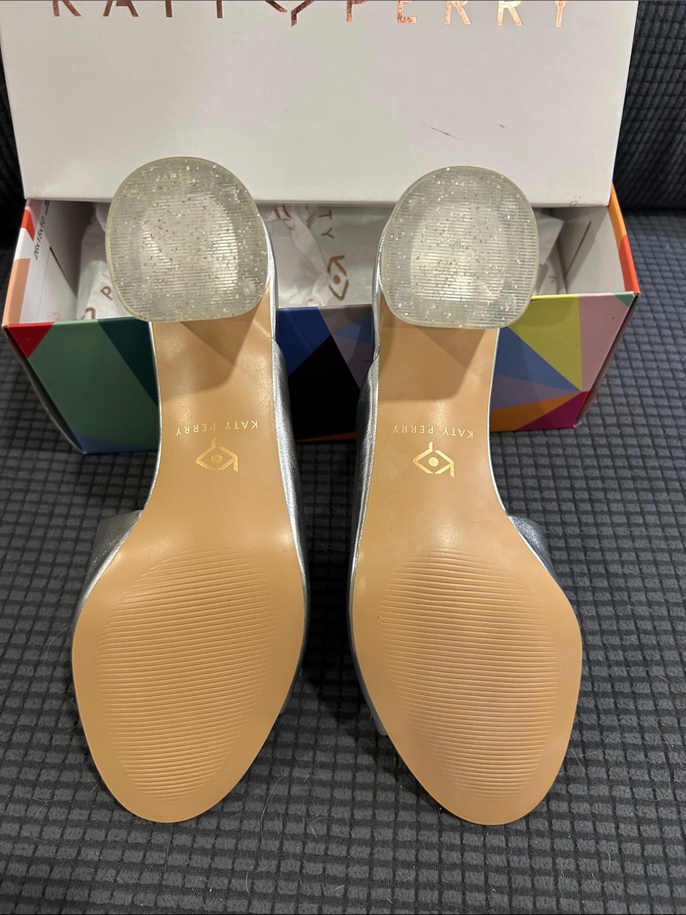 KATY PERRY Collections Metallic Silver Clear Block Heel Mules. Size 8 - Picture 3 of 9